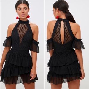 PLT Black Crochet Mesh Frill Detail Bodycon Dress